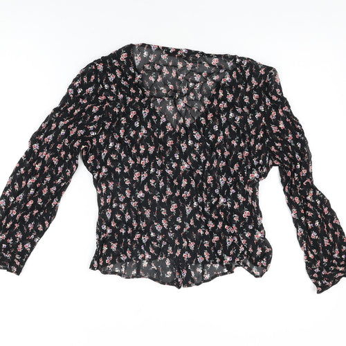 St Michael Womens Black Floral Viscose Basic Button-Up Size 10 V-Neck