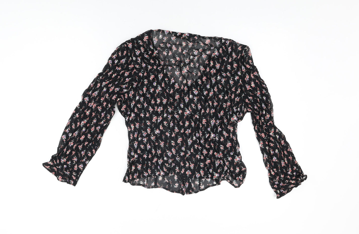 St Michael Womens Black Floral Viscose Basic Button-Up Size 10 V-Neck