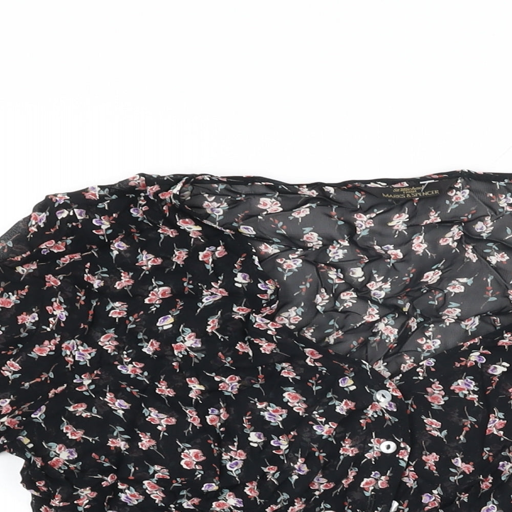 St Michael Womens Black Floral Viscose Basic Button-Up Size 10 V-Neck