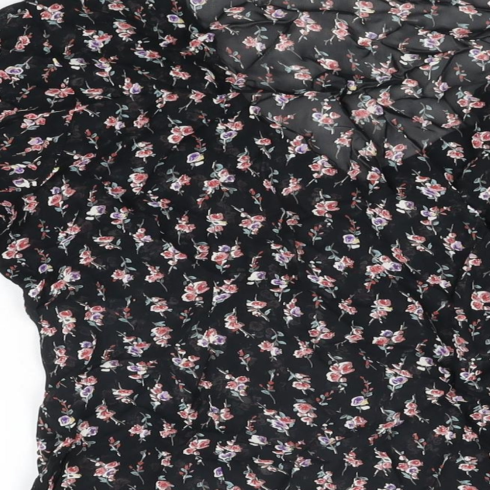 St Michael Womens Black Floral Viscose Basic Button-Up Size 10 V-Neck