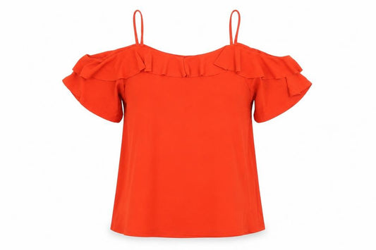 Front view of New Look women’s red polyester basic t-shirt, size UK 8, off the shoulder