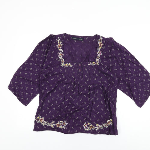 French Connection Womens Purple Floral Cotton Basic T-Shirt Size 12 Square Neck