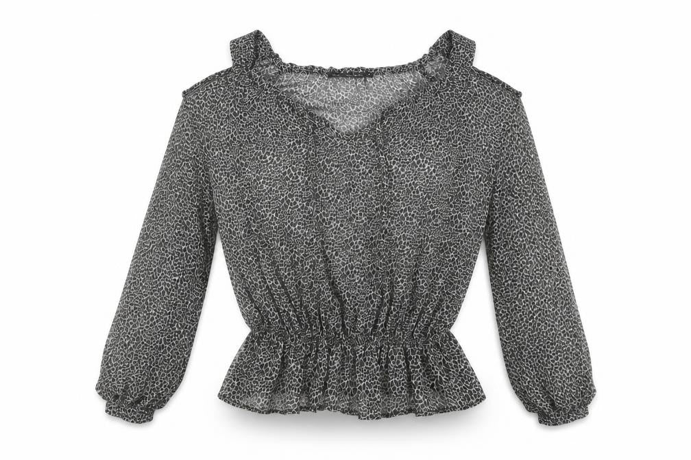 Front view of Next women’s black animal print polyester basic blouse, size UK 14, v-neck