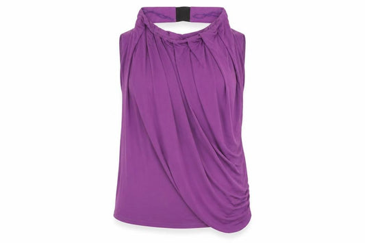 Front view of ASOS women’s purple polyester basic t-shirt, size UK 10, halter