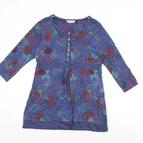 Country Rose Womens Blue Floral Cotton Basic T-Shirt Size S Round Neck