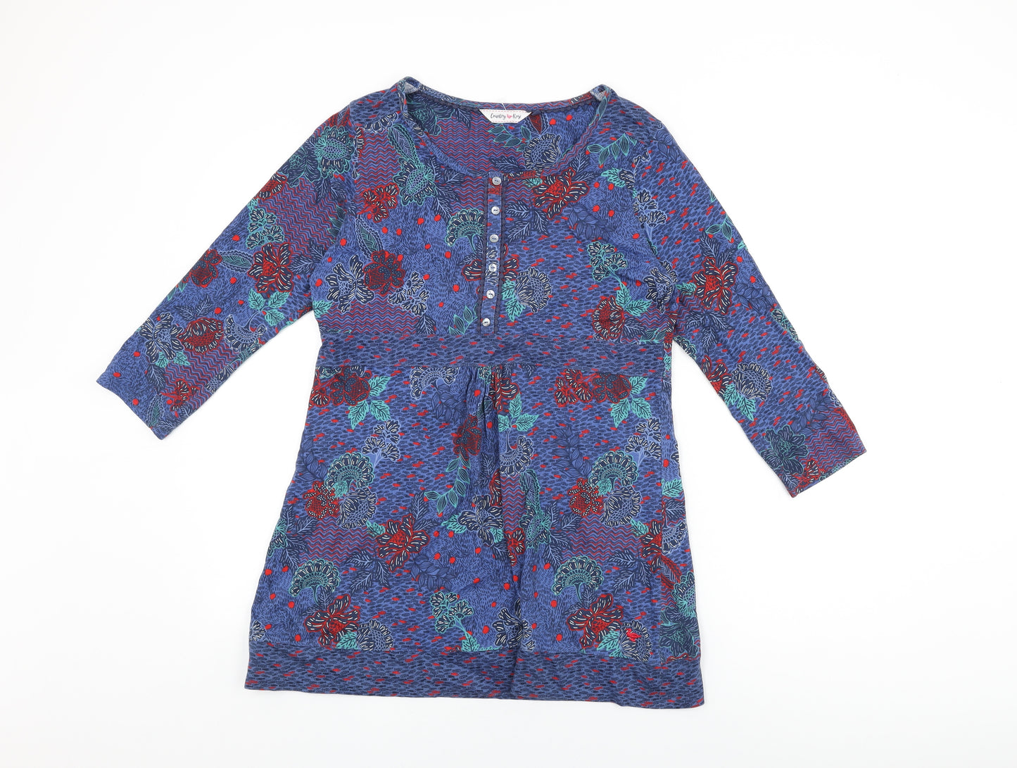Country Rose Womens Blue Floral Cotton Basic T-Shirt Size S Round Neck