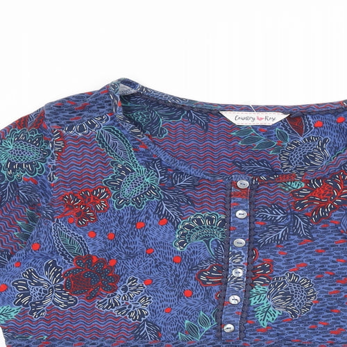 Country Rose Womens Blue Floral Cotton Basic T-Shirt Size S Round Neck