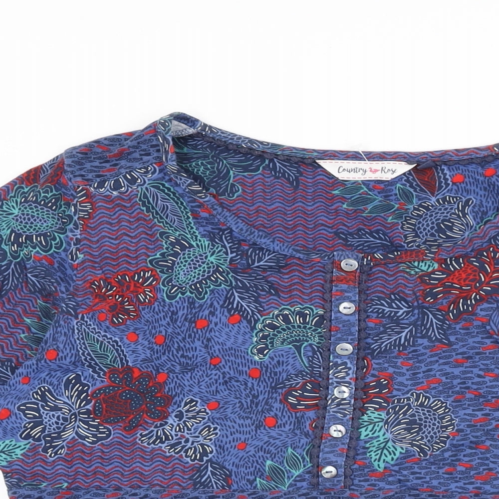 Country Rose Womens Blue Floral Cotton Basic T-Shirt Size S Round Neck