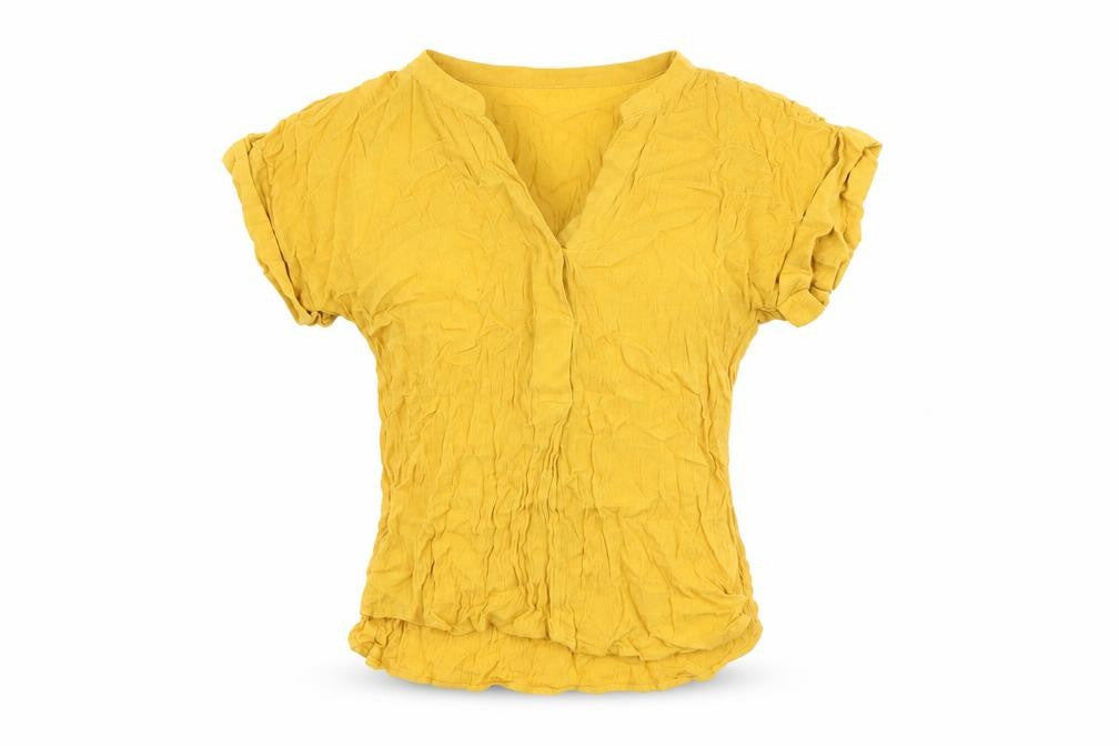 Front view of H&M women’s yellow viscose basic t-shirt, size UK 4, v-neck