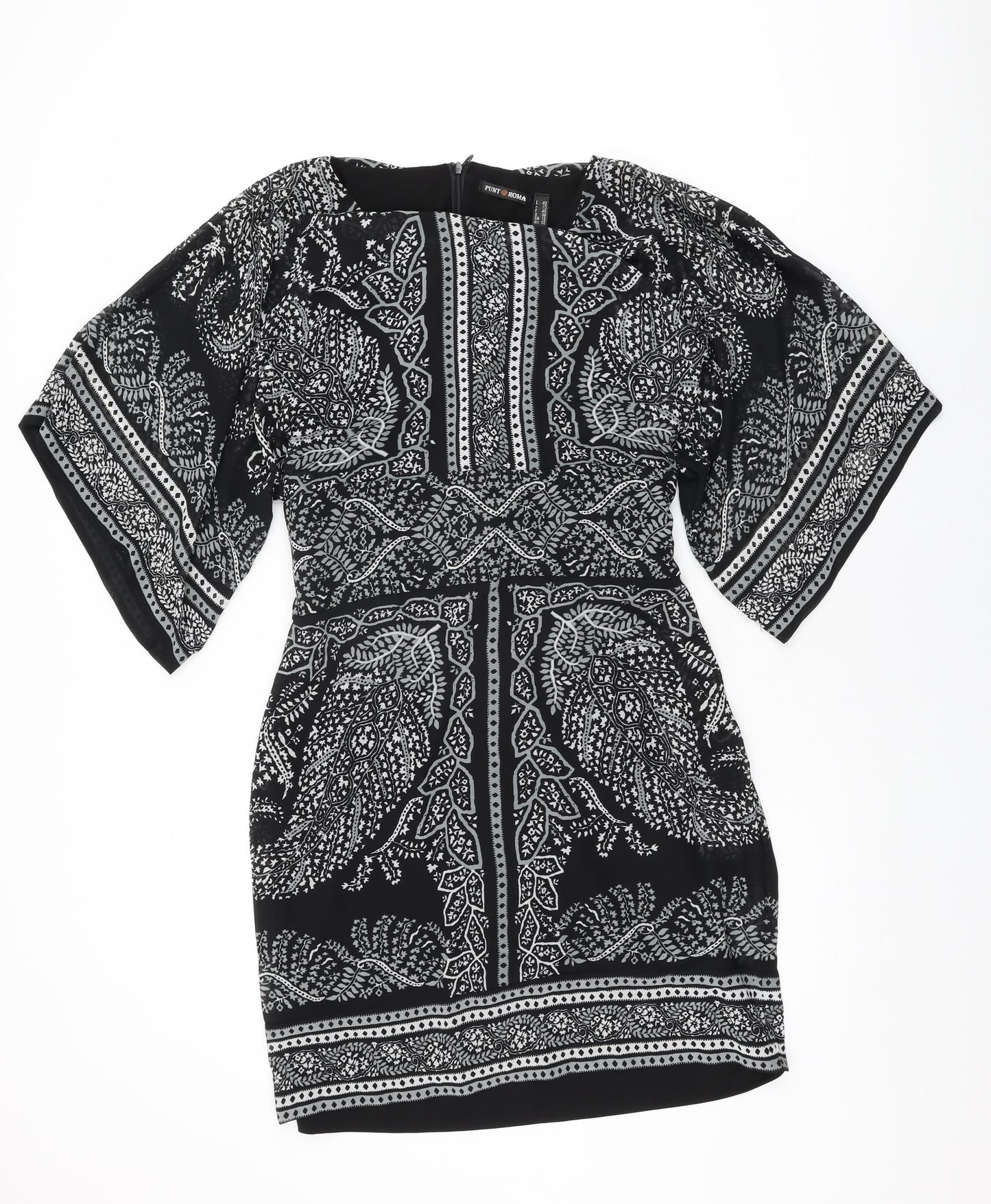 Punt Roma Womens Black Floral Polyester Shift Size 12 Round Neck Zip