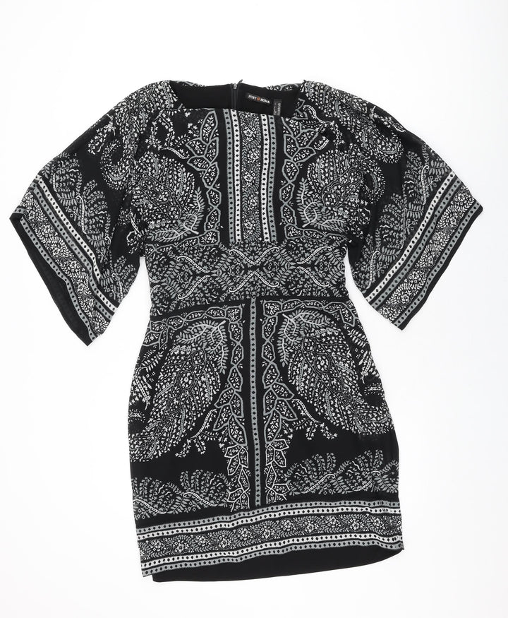 Punt Roma Womens Black Floral Polyester Shift Size 12 Round Neck Zip