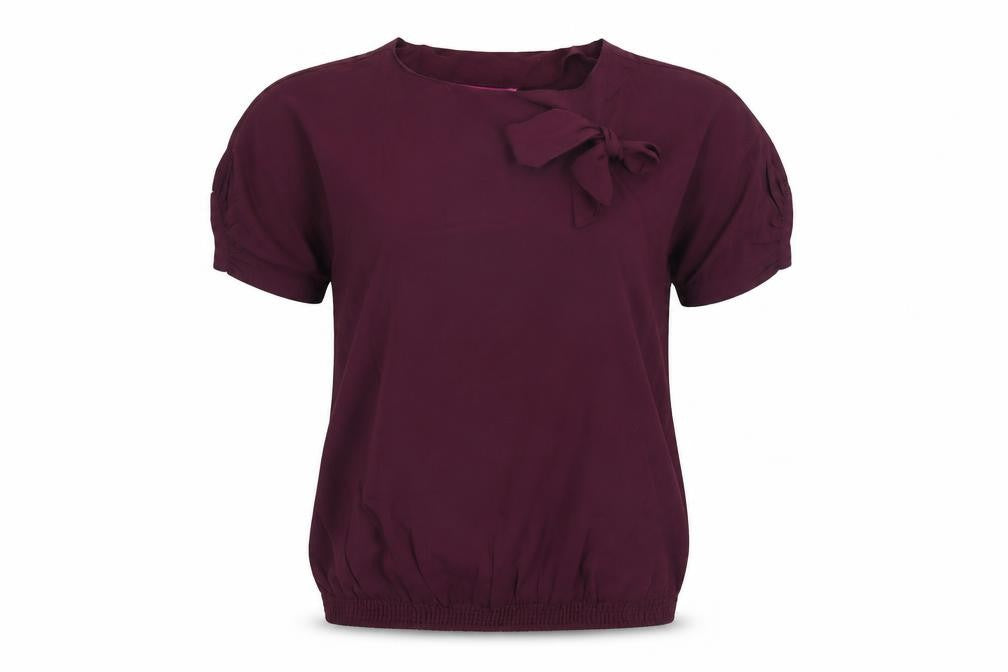 Front view of Miss Bennett women’s purple polyester basic blouse, size S, round neck