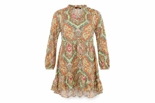 Front view of Only women’s multicoloured geometric viscose shift, size UK 6, v-neck pullover