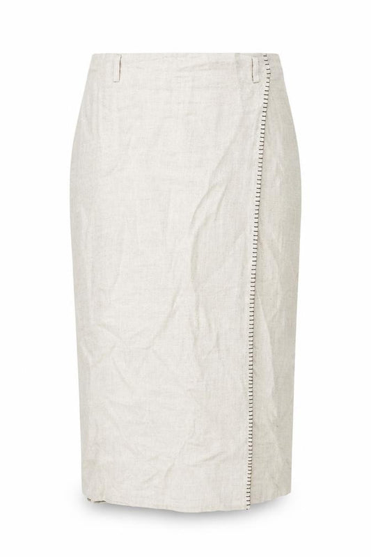 Front view of Lakeland women’s beige viscose wrap skirt, size UK 16, zip