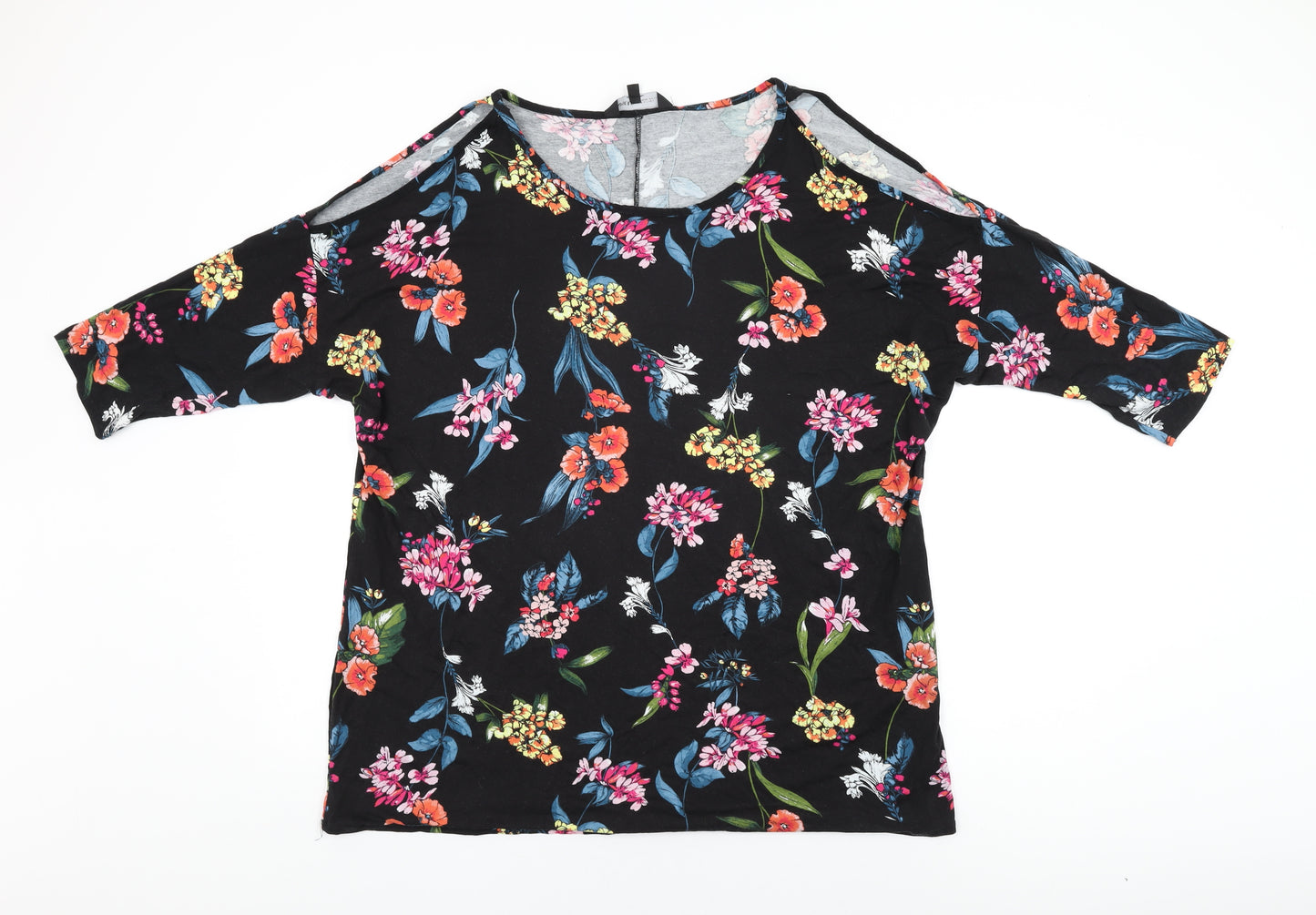 Capsule Womens Black Floral Viscose Basic T-Shirt Size 18 Round Neck