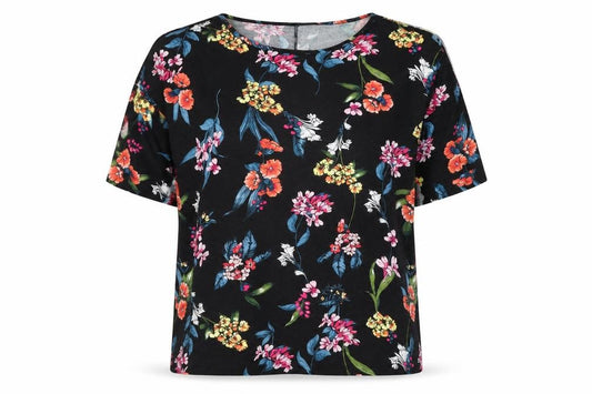 Front view of Capsule women’s black floral viscose basic t-shirt, size UK 18, round neck