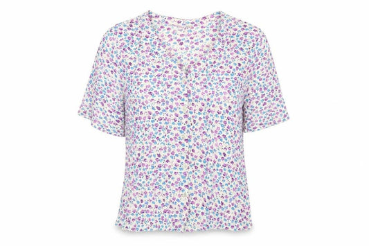 Front view of Adini women’s white floral viscose basic button-up, size L, v-neck