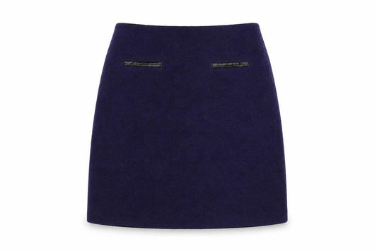 Front view of Marks & Spencer women’s blue polyester a-line skirt, size UK 8, zip
