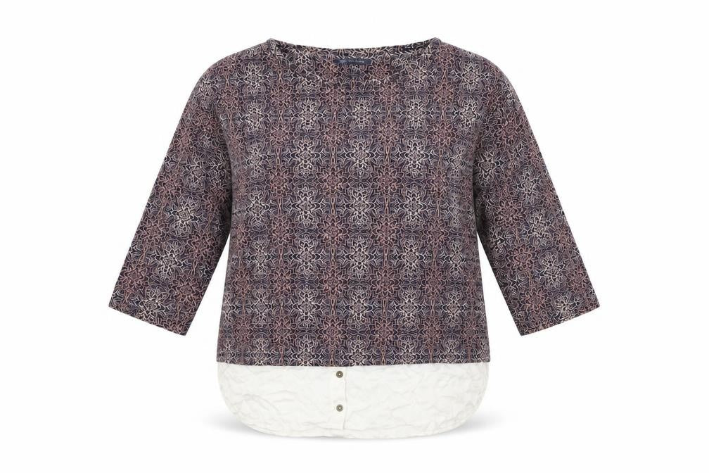 Front view of Marks & Spencer women’s blue geometric cotton basic t-shirt, size UK 16, round neck