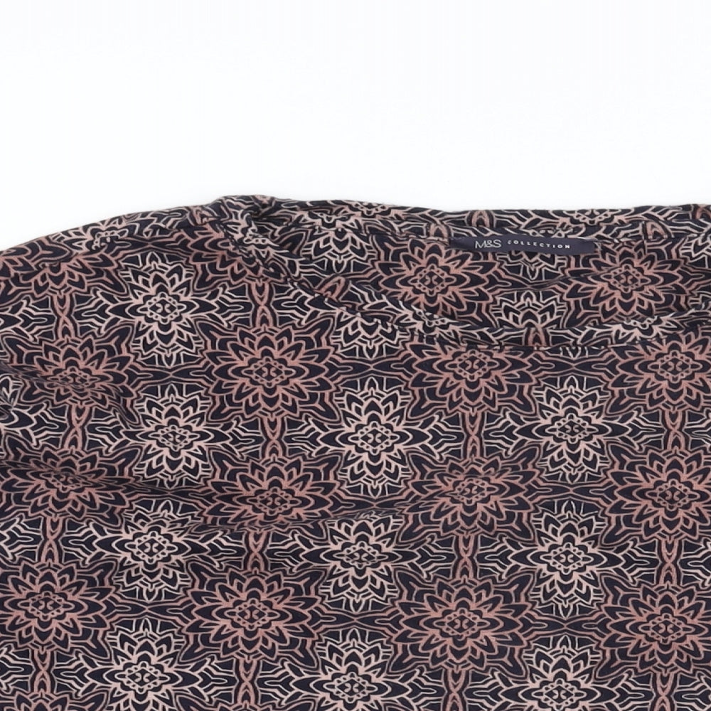 Marks and Spencer Womens Blue Geometric Cotton Basic T-Shirt Size 16 Round Neck