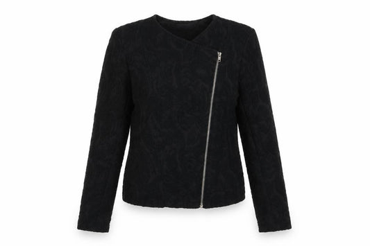 Front view of Warehouse women’s black geometric jacket, size UK 10, zip