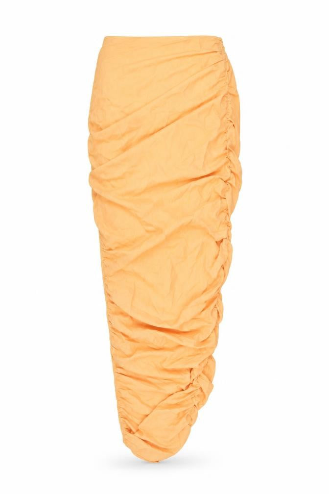 Front view of PRETTYLITTLETHING women’s orange polyester maxi skirt, size UK 10, zip
