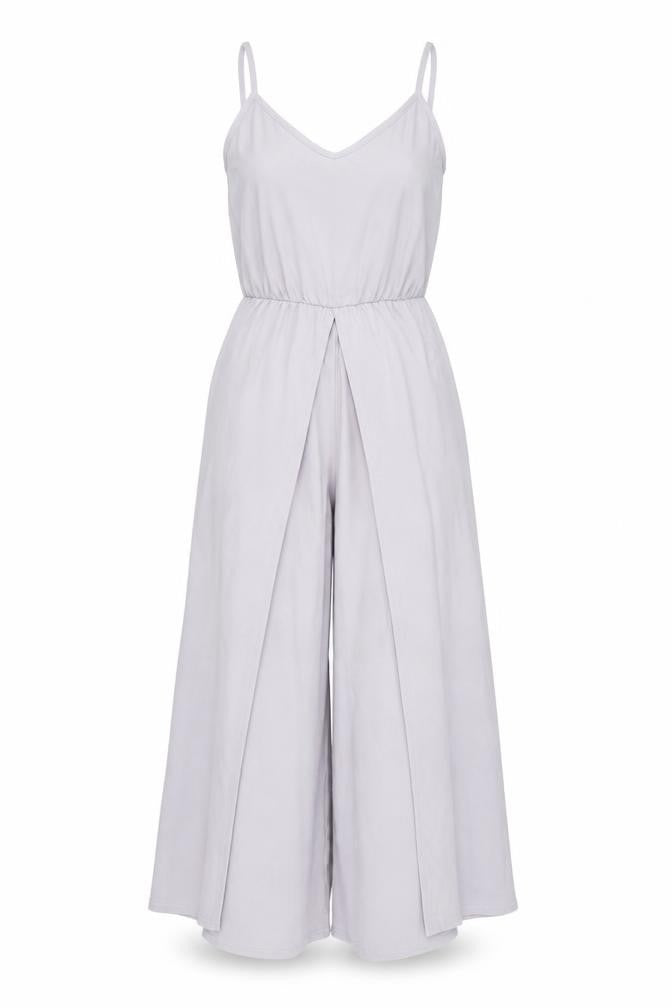 Front view of Boohoo women’s purple polyester jumpsuit one-piece, size UK 8, 24-inch leg pullover