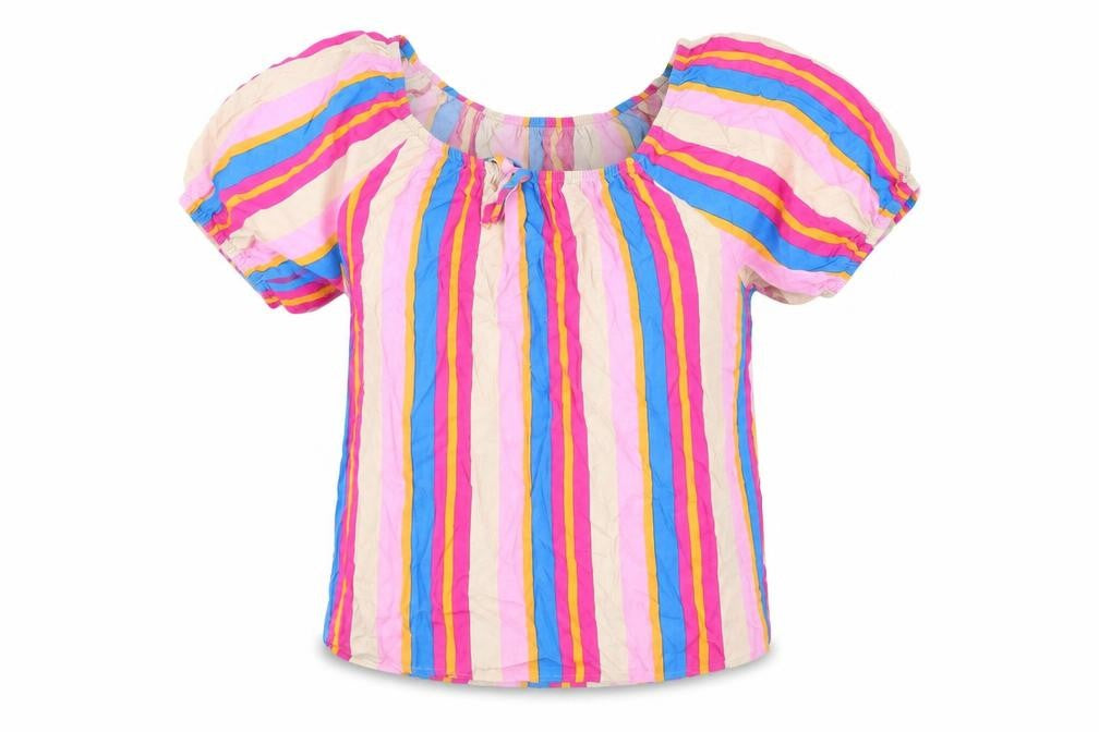 Front view of b.young women’s multicoloured striped viscose basic t-shirt, size UK 10, round neck