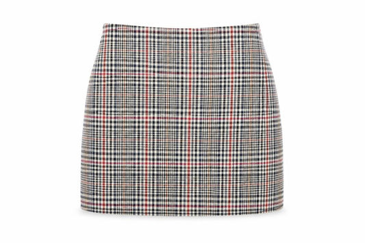 Front view of New Look women’s multicoloured geometric polyester mini skirt, size UK 10, zip