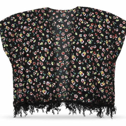YD Girls Black Floral Polyester Kimono T-Shirt Size 9-10 Years V-Neck Pullover