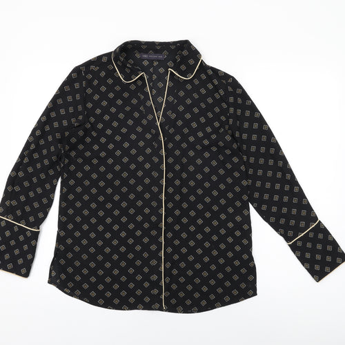Marks and Spencer Womens Black Geometric Polyester Basic Button-Up Size 10 Collared