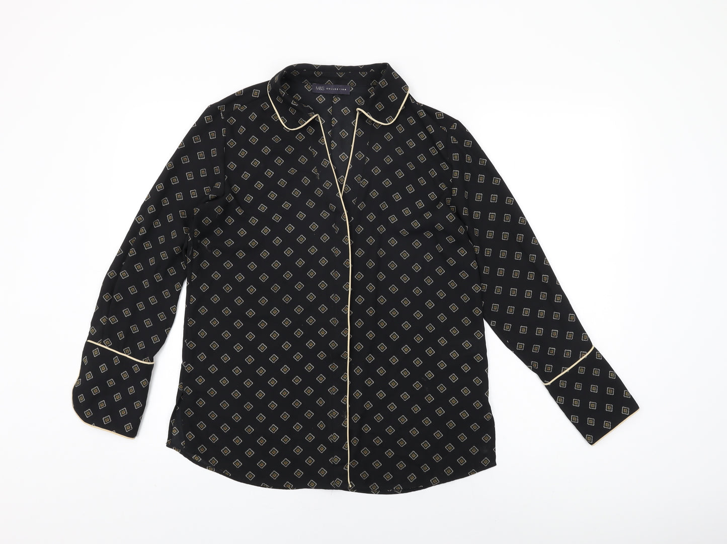 Marks and Spencer Womens Black Geometric Polyester Basic Button-Up Size 10 Collared