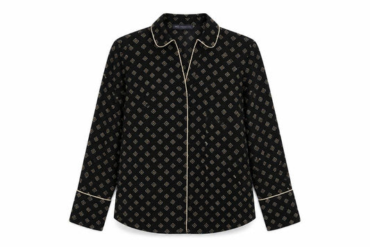 Front view of Marks & Spencer women’s black geometric polyester basic button-up, size UK 10, collared