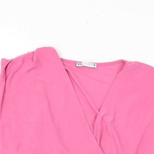 Zara Womens Pink Polyester Wrap T-Shirt Size S V-Neck
