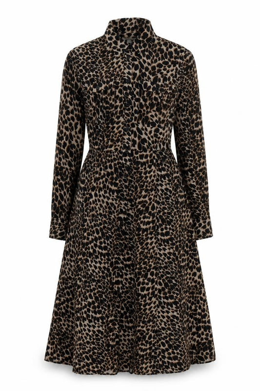 Front view of Warehouse women’s black geometric polyester a-line, size UK 10, collared button