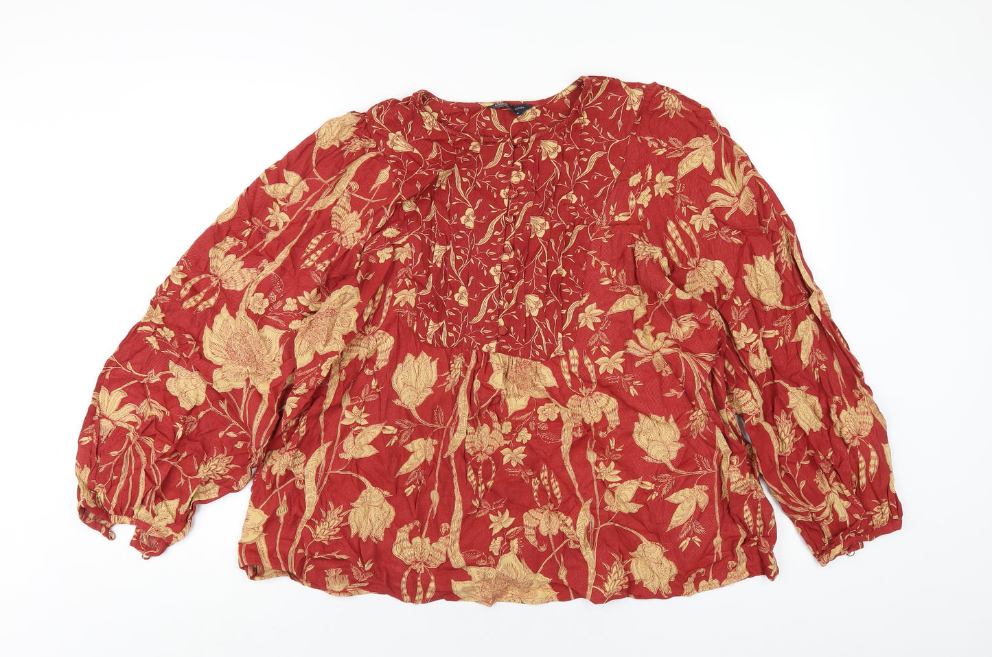 Marks and Spencer Womens Red Geometric Viscose Basic T-Shirt Size 16 Round Neck