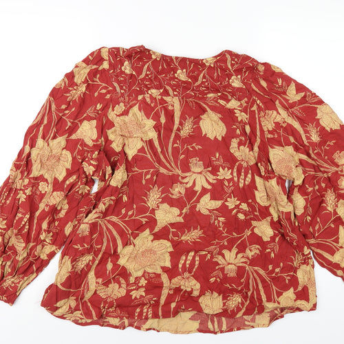 Marks and Spencer Womens Red Geometric Viscose Basic T-Shirt Size 16 Round Neck
