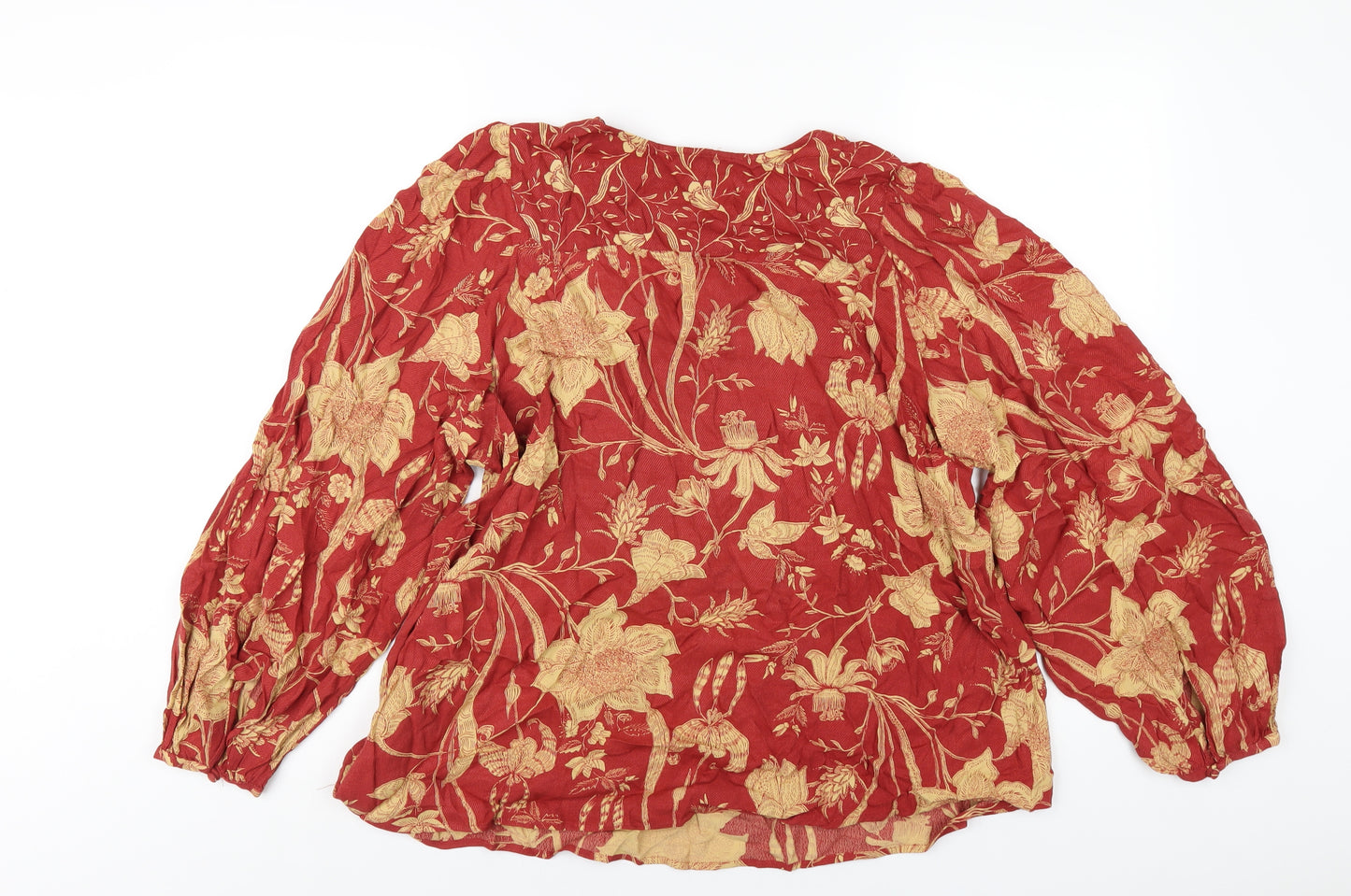 Marks and Spencer Womens Red Geometric Viscose Basic T-Shirt Size 16 Round Neck