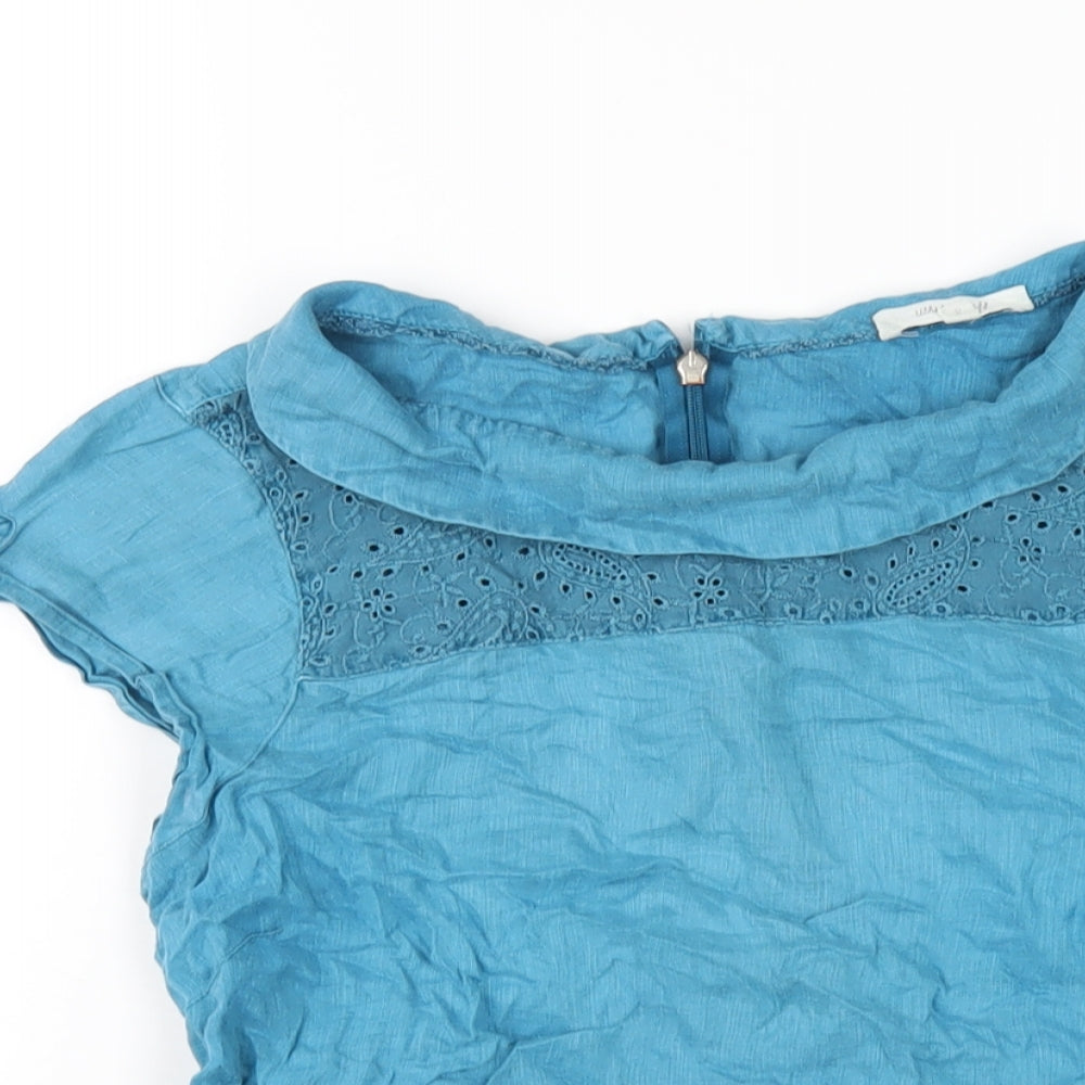 White Stuff Womens Blue Linen Basic T-Shirt Size 8 Collared