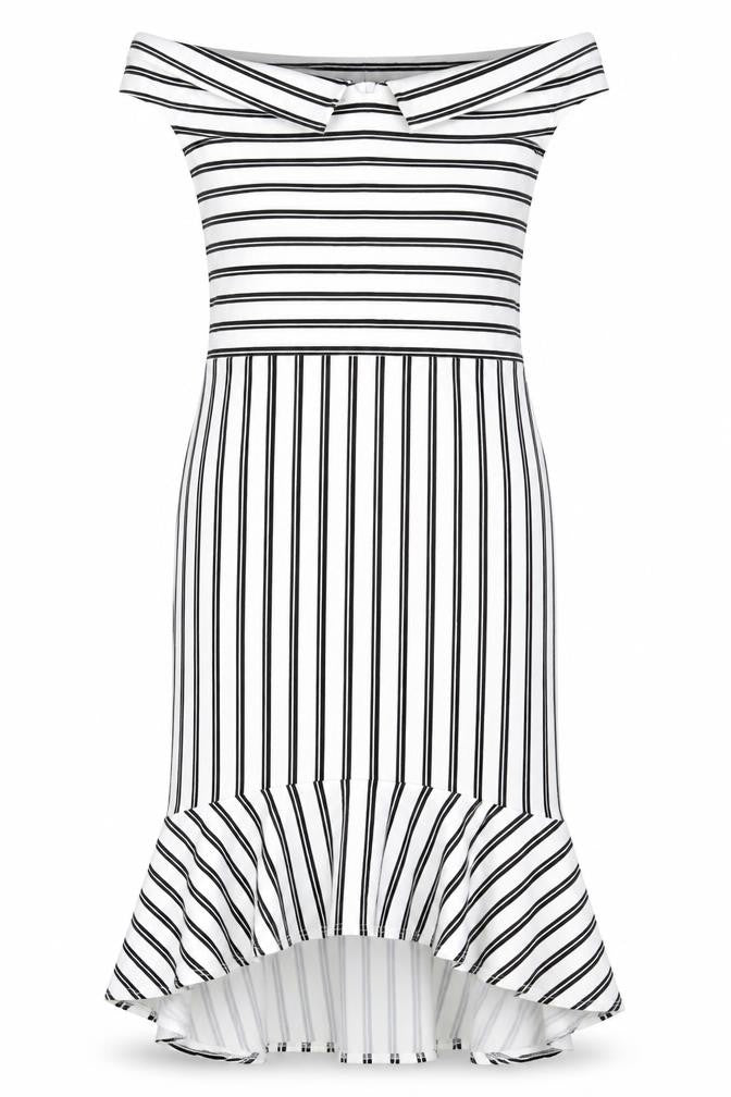 Front view of Simply Be women’s white striped polyester a-line, size UK 18, off the shoulder pullover