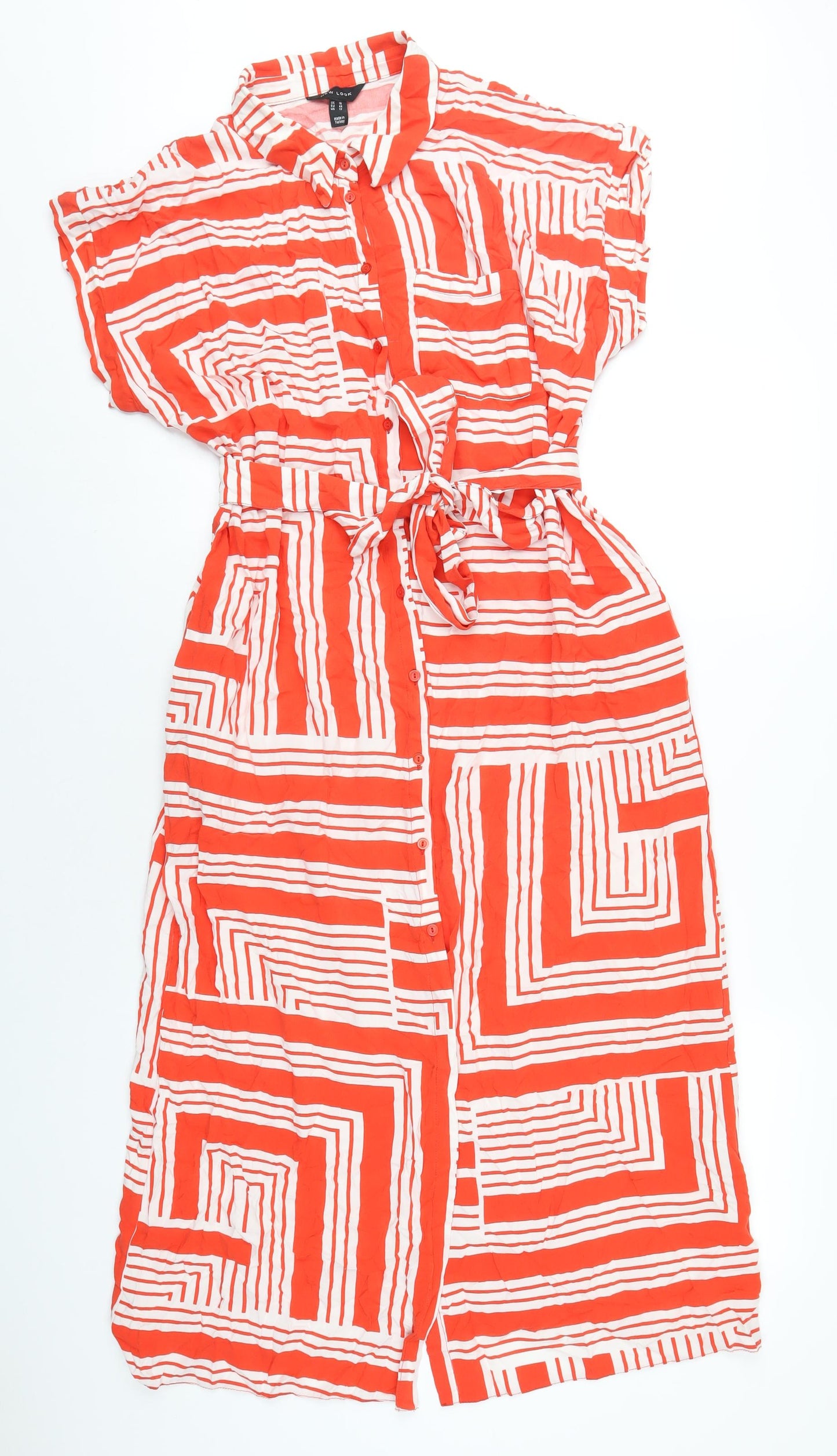 New Look Womens Orange Geometric Viscose Shirt Dress Size 16 Collared Button