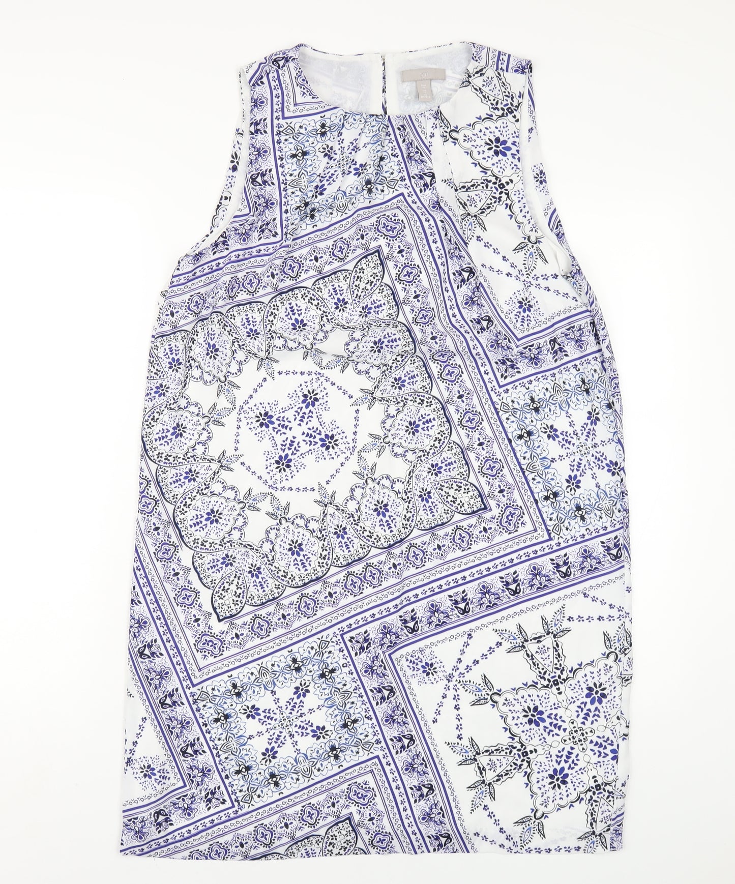 H&M Womens Blue Geometric Polyester A-Line Size 12 Round Neck Button