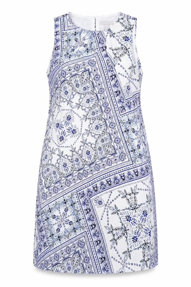 Front view of H&M women’s blue geometric polyester a-line, size UK 12, round neck button