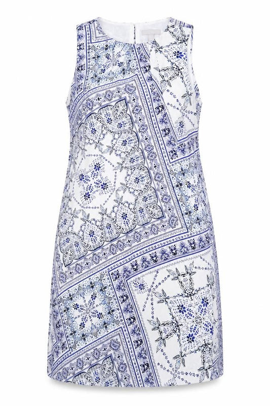 Front view of H&M women’s blue geometric polyester a-line, size UK 12, round neck button