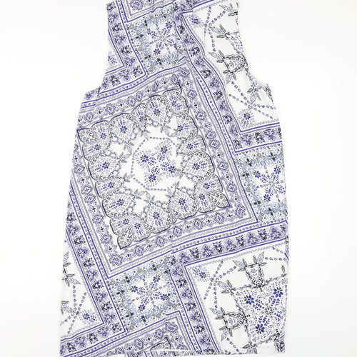 H&M Womens Blue Geometric Polyester A-Line Size 12 Round Neck Button