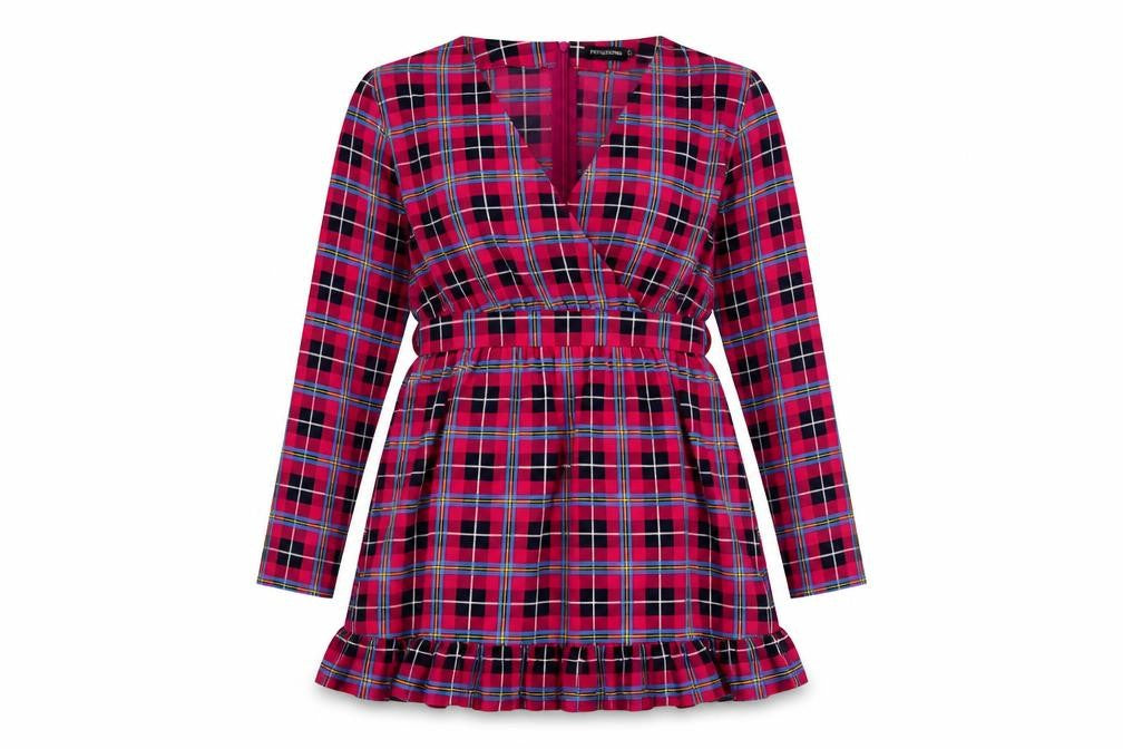Front view of PRETTYLITTLETHING women’s multicoloured polka dot polyester a-line, size UK 12, v-neck zip