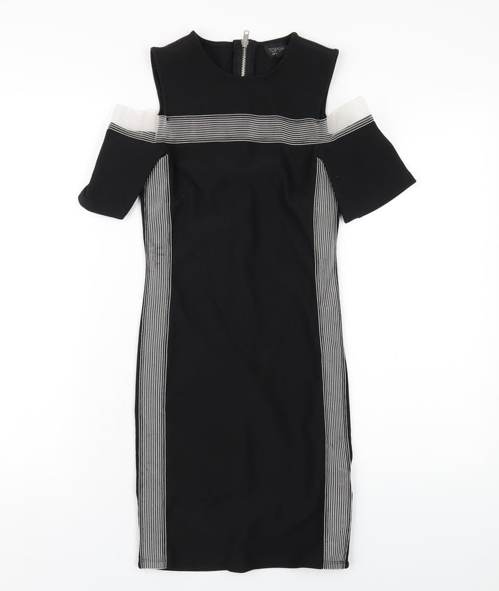Topshop Womens Black Polyester Bodycon Size 8 Round Neck Zip