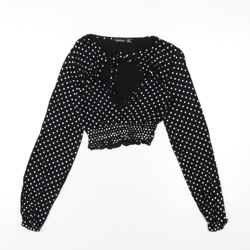 Boohoo Womens Black Polka Dot Viscose Cropped T-Shirt Size 8 Round Neck