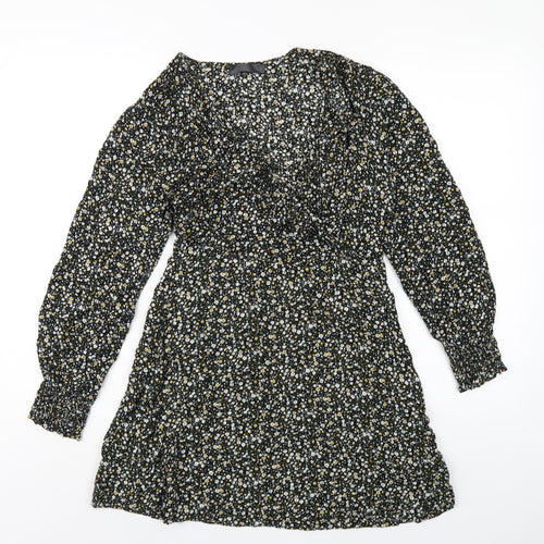Missguided Womens Black Floral Viscose A-Line Size 8 V-Neck Zip