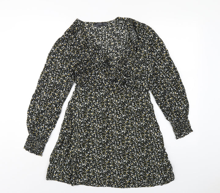 Missguided Womens Black Floral Viscose A-Line Size 8 V-Neck Zip